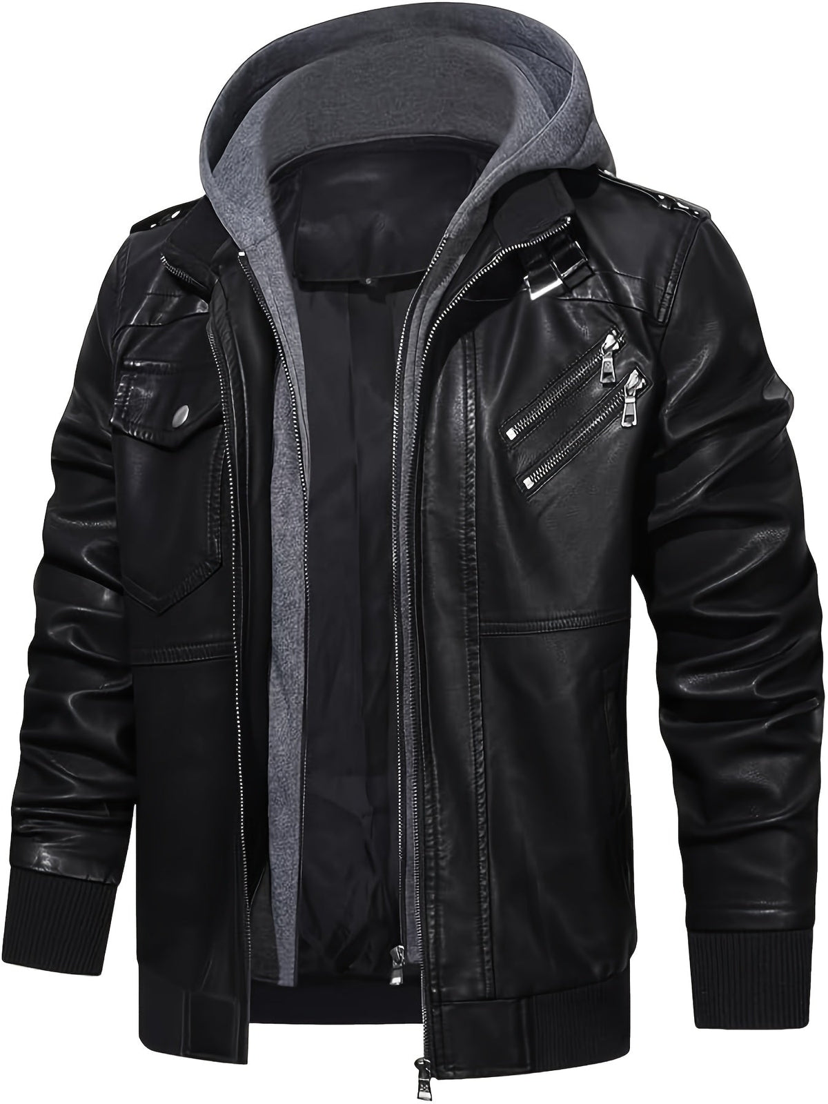 Men's Faux Leather Jacket Black Removable Hood Zip-Up Moto Bomber – Casual, Winter Everyday Wear