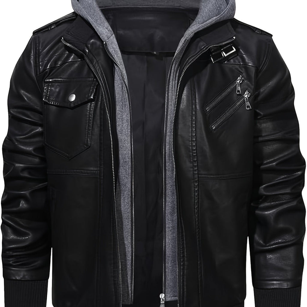Men's Faux Leather Jacket Black Removable Hood Zip-Up Moto Bomber – Casual, Winter Everyday Wear
