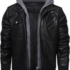 Men's Faux Leather Jacket Black Removable Hood Zip-Up Moto Bomber – Casual, Winter Everyday Wear