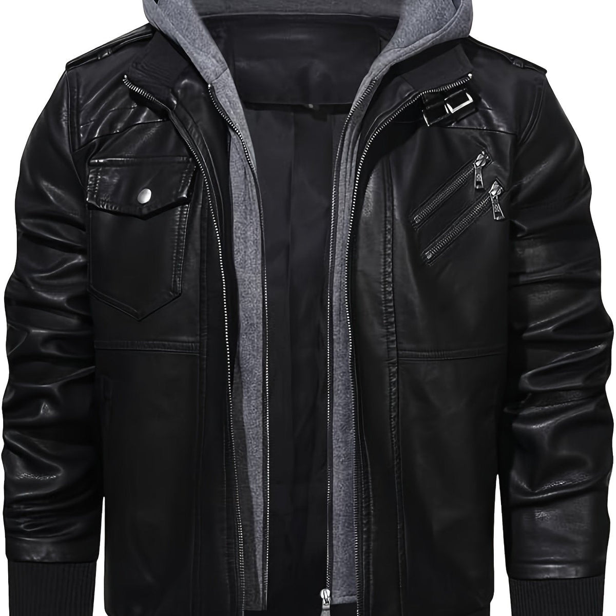 Men's Faux Leather Jacket Black Removable Hood Zip-Up Moto Bomber – Casual, Winter Everyday Wear