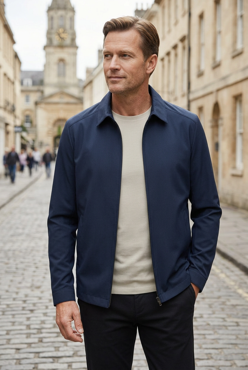 Men's Harrington Jacket Navy Blue Zip-Up Collared Lightweight Outerwear – Casual, Everyday Wear