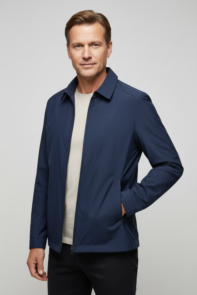Men's Harrington Jacket Navy Blue Zip-Up Collared Lightweight Outerwear – Casual, Everyday Wear