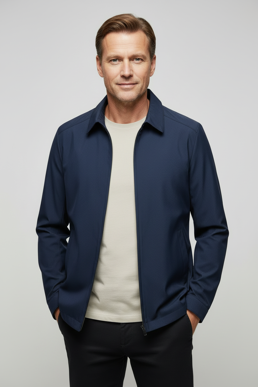 Men's Harrington Jacket Navy Blue Zip-Up Collared Lightweight Outerwear – Casual, Everyday Wear
