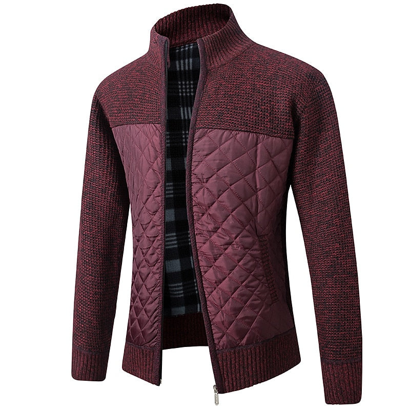 Men's Knitted Cardigan Jacket Fleece Lined Quilted Zip-Up Stand Collar Sweater – Casual, Winter, Warm Layering