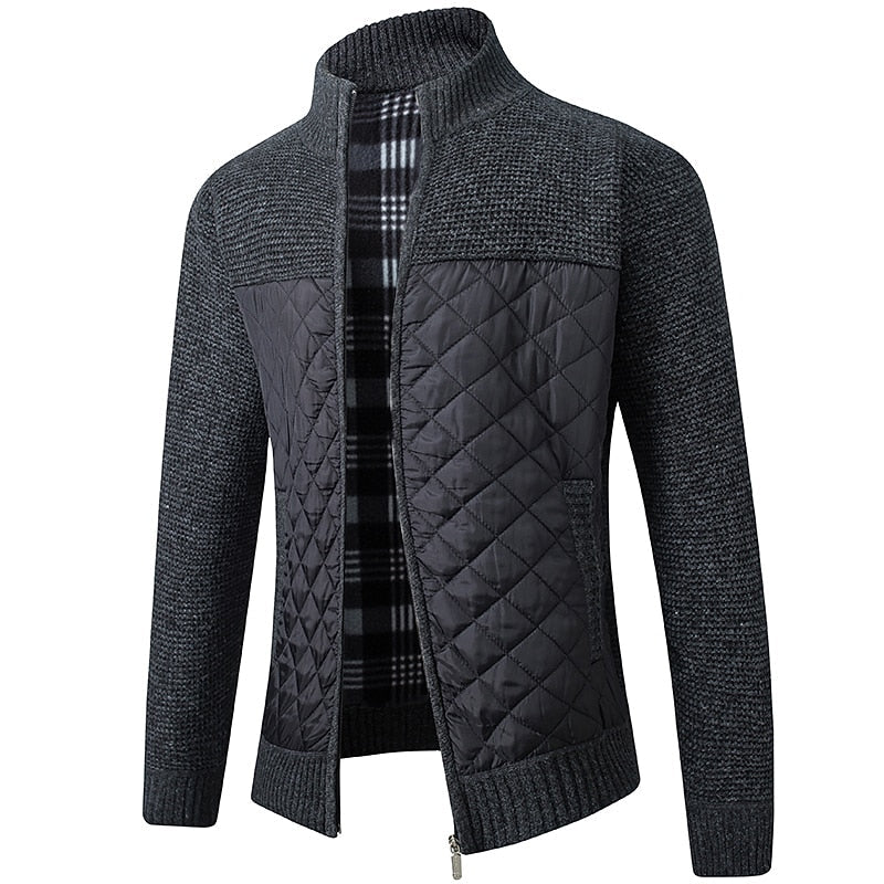 Men's Knitted Cardigan Jacket Fleece Lined Quilted Zip-Up Stand Collar Sweater – Casual, Winter, Warm Layering