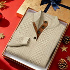 Men's Knitted Sweater Beige Textured Stand-Collar Button Henley Pullover – Casual, Office, Holiday, Gift