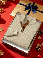 Men's Knitted Sweater Beige Textured Stand-Collar Button Henley Pullover – Casual, Office, Holiday, Gift