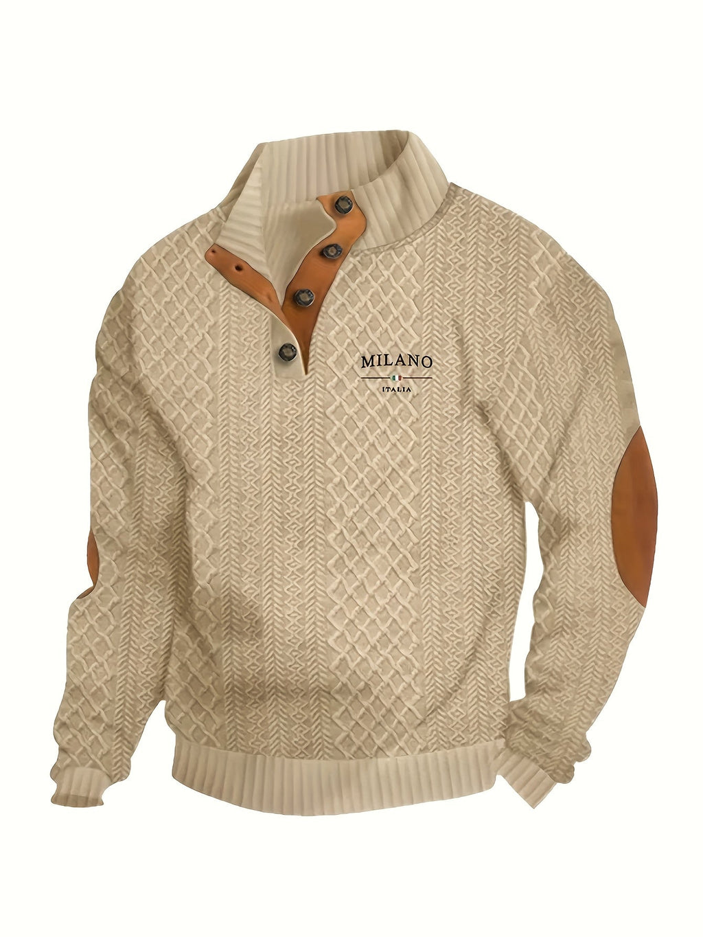 Men's Knitted Sweater Beige Textured Stand-Collar Button Henley Pullover – Casual, Office, Holiday, Gift