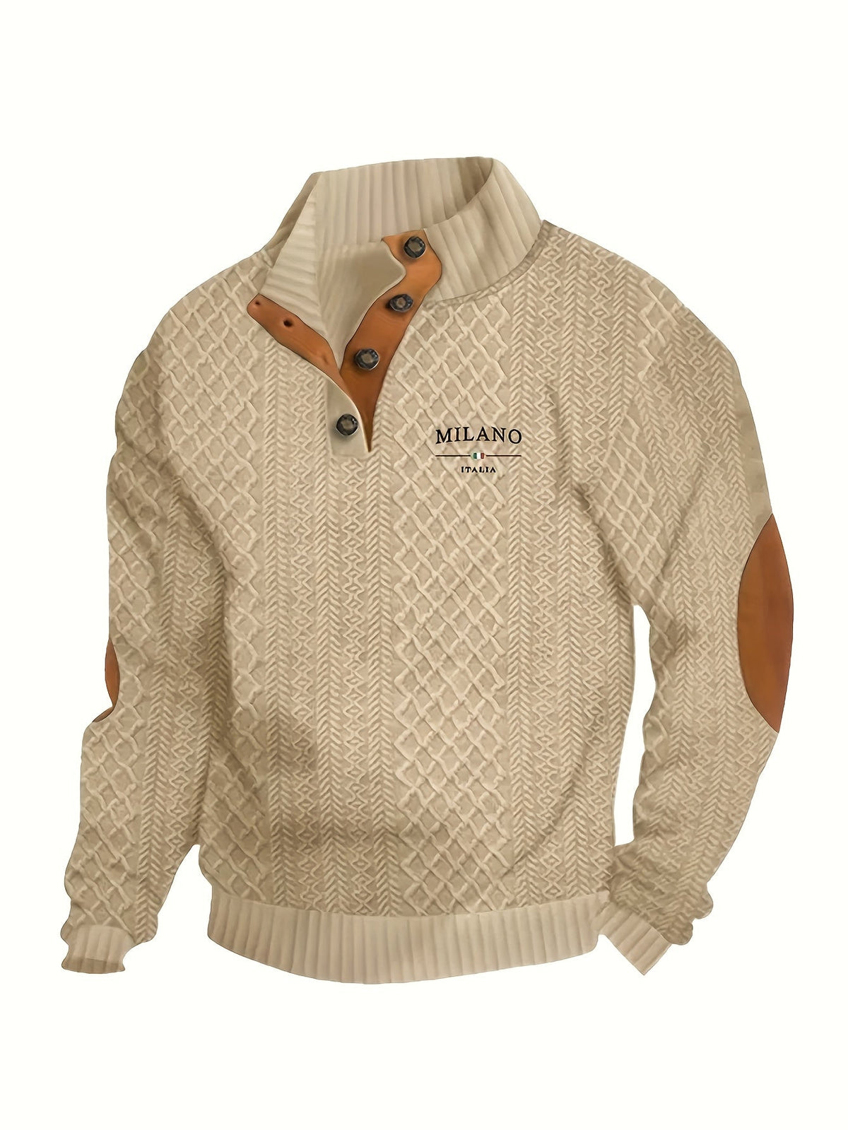 Men's Knitted Sweater Beige Textured Stand-Collar Button Henley Pullover – Casual, Office, Holiday, Gift