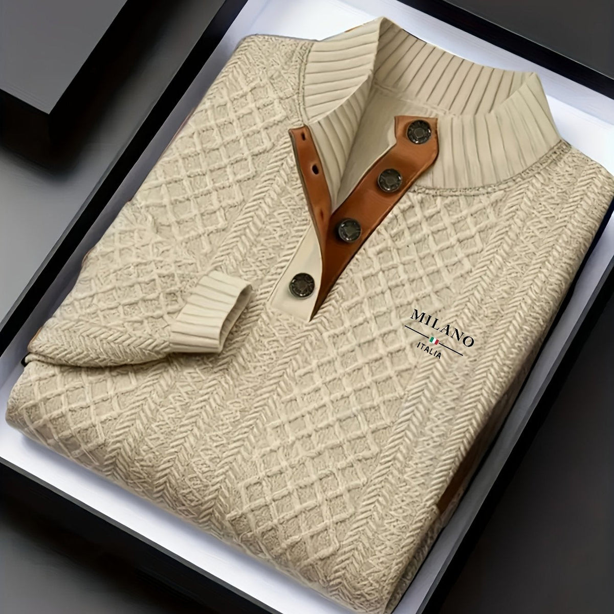Men's Knitted Sweater Beige Textured Stand-Collar Button Henley Pullover – Casual, Office, Holiday, Gift