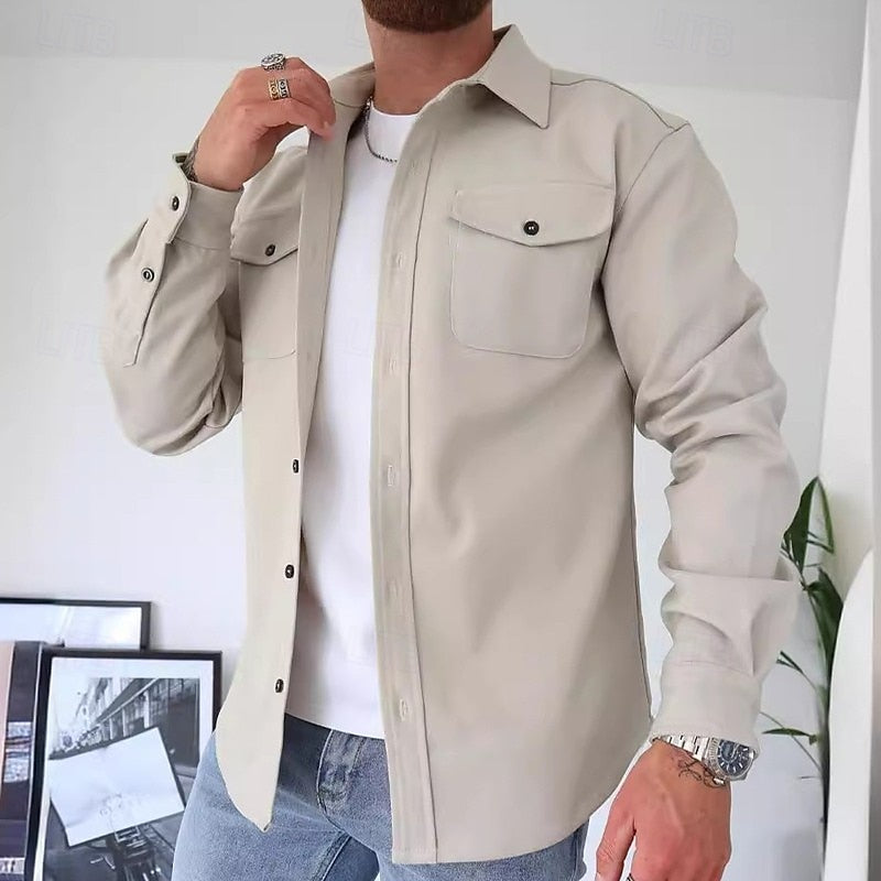 Men's Overshirt Long Sleeve Button-Up Blue Utility Shacket with Chest Pockets – Casual, Office, Everyday