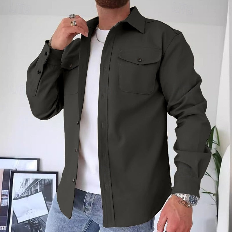 Men's Overshirt Long Sleeve Button-Up Blue Utility Shacket with Chest Pockets – Casual, Office, Everyday