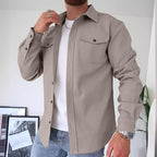 Men's Overshirt Long Sleeve Button-Up Blue Utility Shacket with Chest Pockets – Casual, Office, Everyday
