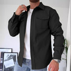 Men's Overshirt Long Sleeve Button-Up Blue Utility Shacket with Chest Pockets – Casual, Office, Everyday