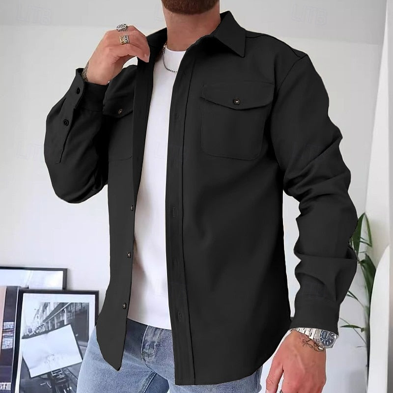 Men's Overshirt Long Sleeve Button-Up Blue Utility Shacket with Chest Pockets – Casual, Office, Everyday