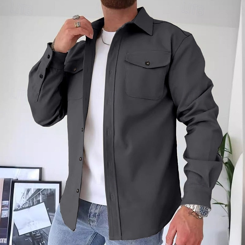 Men's Overshirt Long Sleeve Button-Up Blue Utility Shacket with Chest Pockets – Casual, Office, Everyday