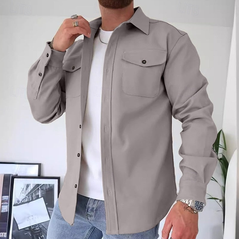 Men's Overshirt Long Sleeve Button-Up Blue Utility Shacket with Chest Pockets – Casual, Office, Everyday