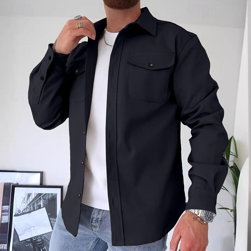 Men's Overshirt Long Sleeve Button-Up Blue Utility Shacket with Chest Pockets – Casual, Office, Everyday