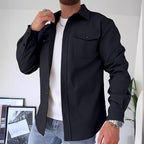 Men's Overshirt Long Sleeve Button-Up Blue Utility Shacket with Chest Pockets – Casual, Office, Everyday
