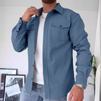 Men's Overshirt Long Sleeve Button-Up Blue Utility Shacket with Chest Pockets – Casual, Office, Everyday