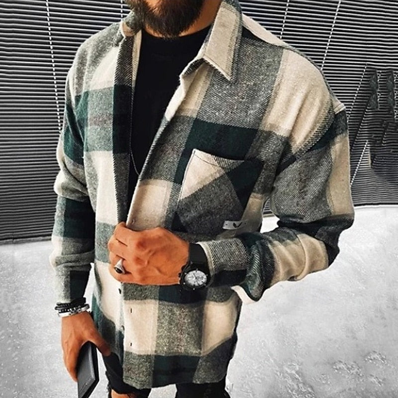 Men's Plaid Overshirt Long Sleeve Button-Up Shacket Houndstooth Check – Casual, Autumn Layering