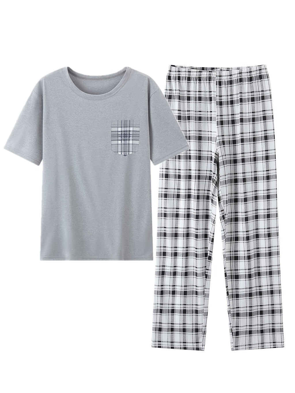 Men's Pyjama Set Grey Short Sleeve Tee Plaid Trousers – Sleepwear, Loungewear, Home, Gift