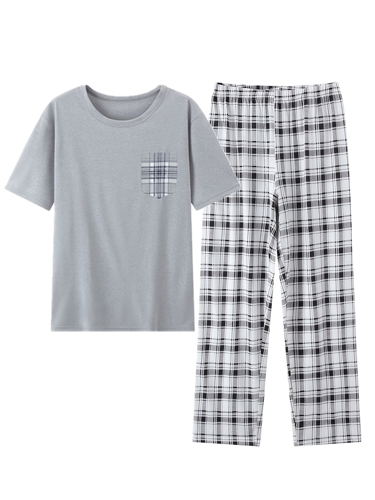 Men's Pyjama Set Grey Short Sleeve Tee Plaid Trousers – Sleepwear, Loungewear, Home, Gift