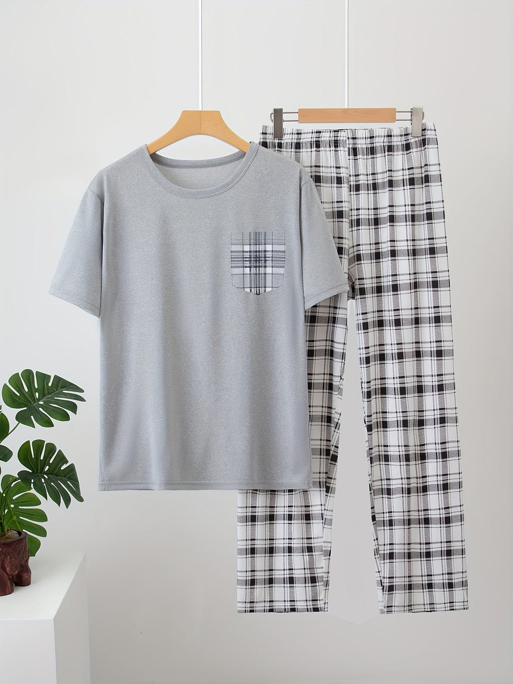 Men's Pyjama Set Grey Short Sleeve Tee Plaid Trousers – Sleepwear, Loungewear, Home, Gift