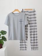 Men's Pyjama Set Grey Short Sleeve Tee Plaid Trousers – Sleepwear, Loungewear, Home, Gift