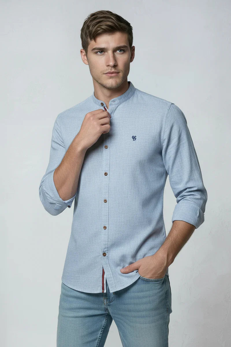 Men's Shirt Cotton Navy Blue Stand Collar Button Up Long Sleeve – Casual, Office, Holiday, Gift