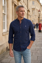 Men's Shirt Cotton Navy Blue Stand Collar Button Up Long Sleeve – Casual, Office, Holiday, Gift