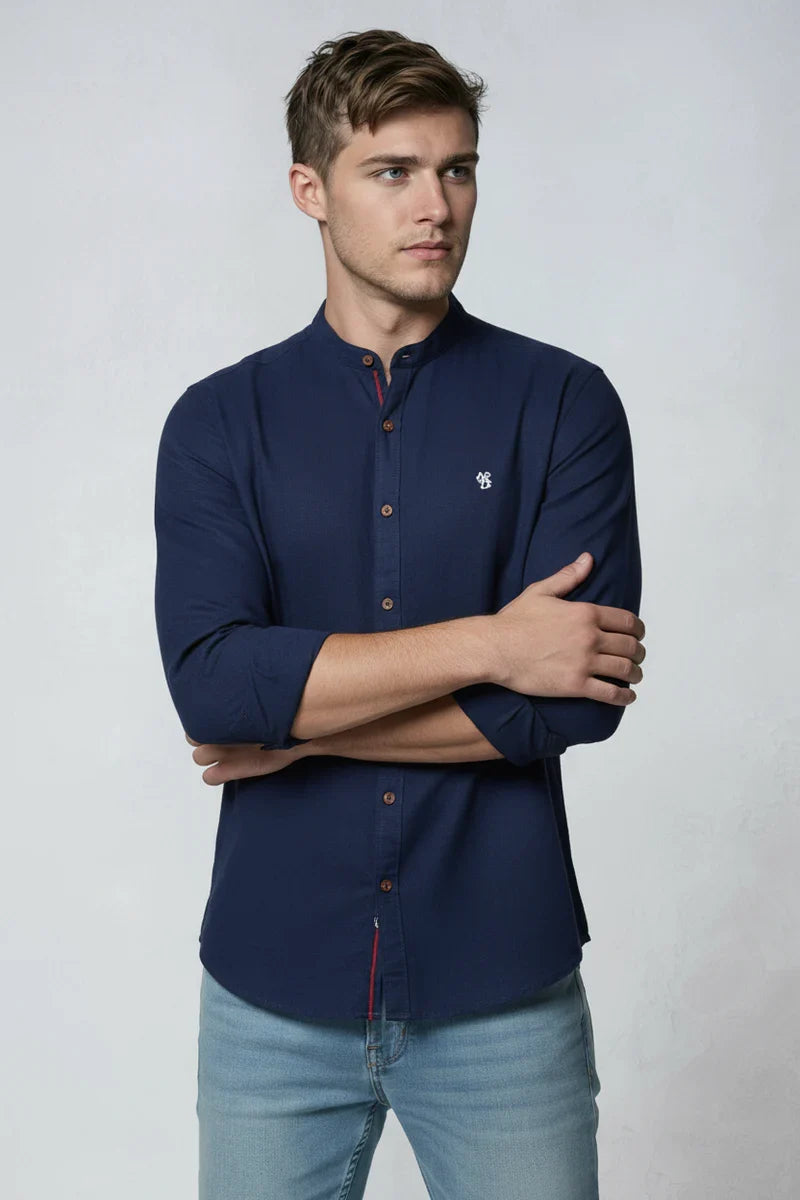 Men's Shirt Cotton Navy Blue Stand Collar Button Up Long Sleeve – Casual, Office, Holiday, Gift