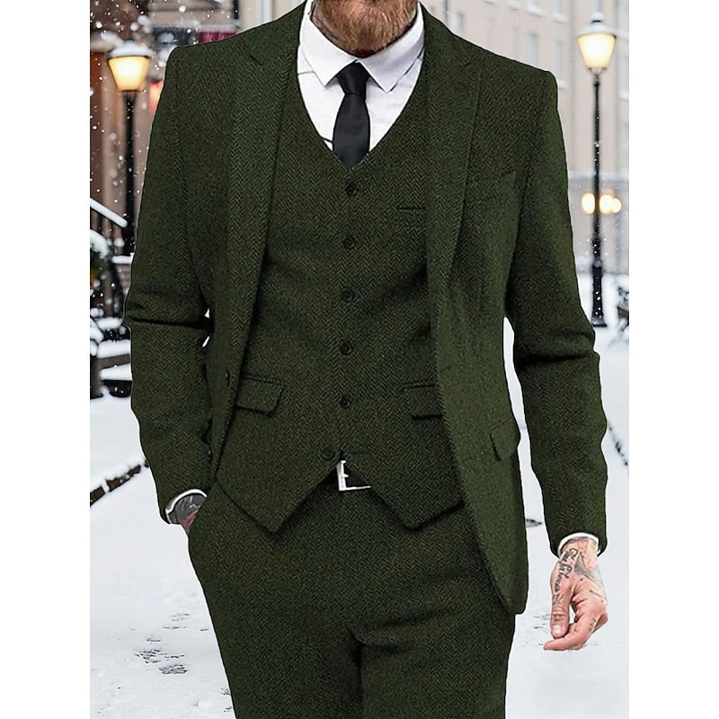 Men's Three-Piece Suit Set Navy Herringbone Tweed Waistcoat Tailored Formal Wear – Wedding, Business