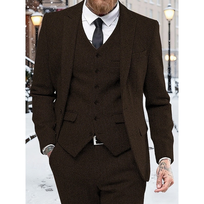 Men's Three-Piece Suit Set Navy Herringbone Tweed Waistcoat Tailored Formal Wear – Wedding, Business