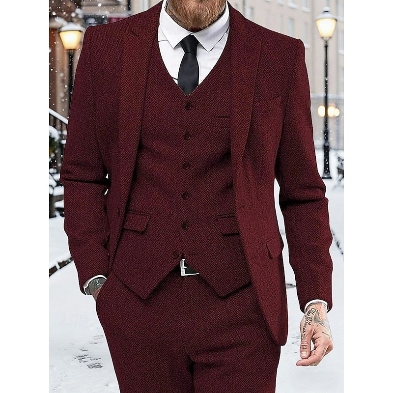 Men's Three-Piece Suit Set Navy Herringbone Tweed Waistcoat Tailored Formal Wear – Wedding, Business