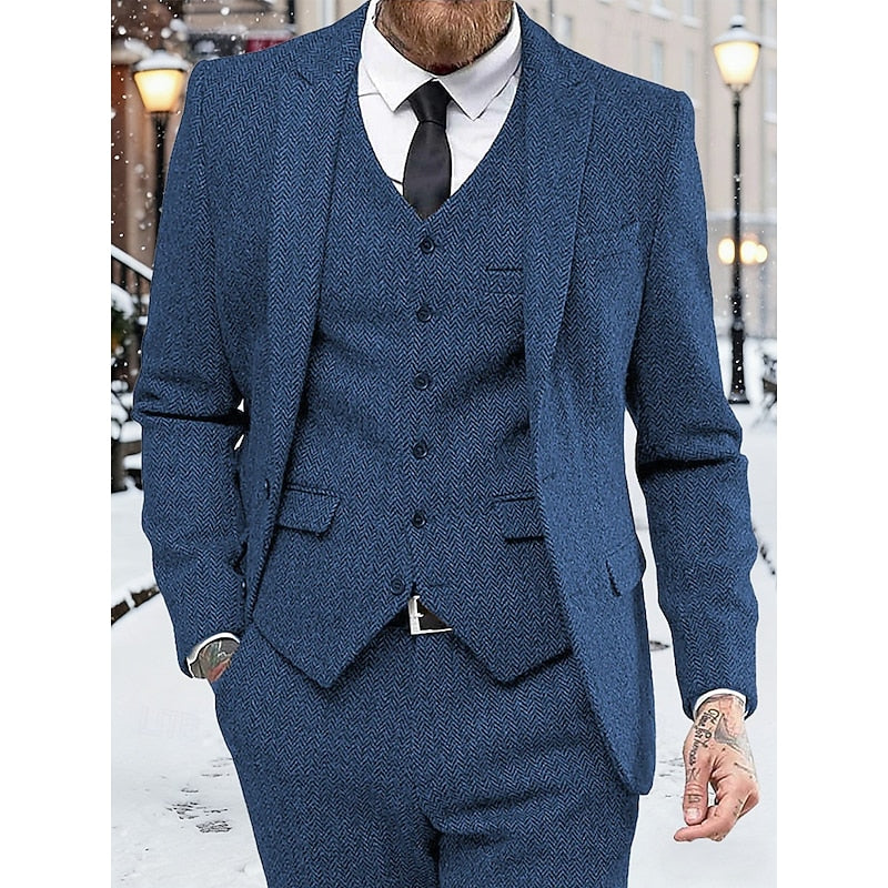 Men's Three-Piece Suit Set Navy Herringbone Tweed Waistcoat Tailored Formal Wear – Wedding, Business