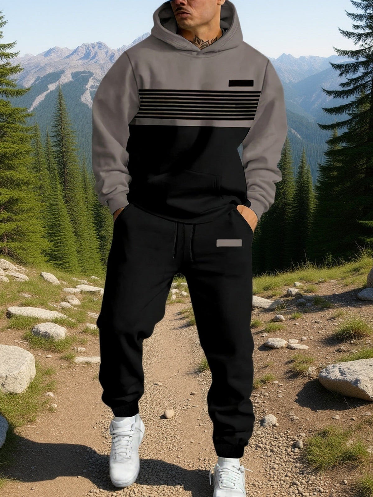 Men's Tracksuit Set Colour Block Hoodie & Joggers Grey Black – Casual, Sports, Loungewear, Gift