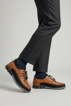 Men's Trainers Leather-Look Tan Black Toggle Lace – Casual, Everyday Walking Comfort Shoes