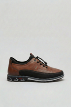 Men's Trainers Leather-Look Tan Black Toggle Lace – Casual, Everyday Walking Comfort Shoes