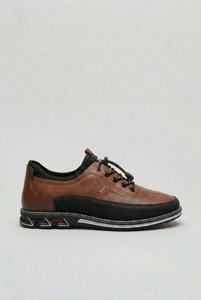 Men's Trainers Leather-Look Tan Black Toggle Lace – Casual, Everyday Walking Comfort Shoes