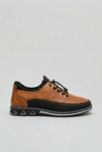 Men's Trainers Leather-Look Tan Black Toggle Lace – Casual, Everyday Walking Comfort Shoes