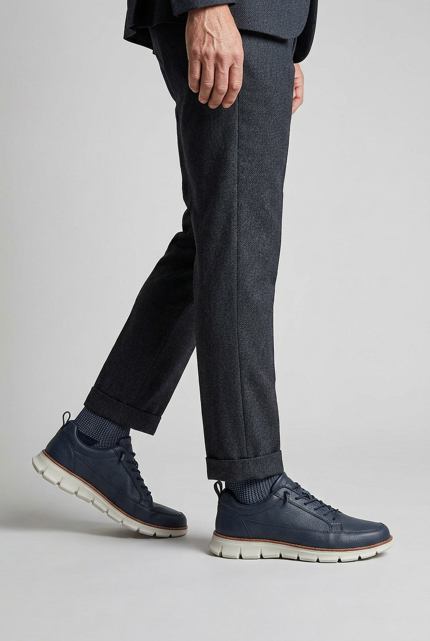 Men's Trainers Navy Faux Leather Lace-Up Shoes Cushioned Sole – Casual, Office, Everyday, Gift
