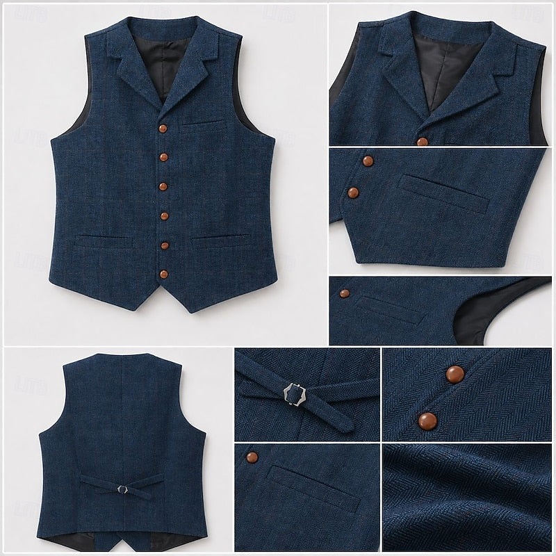 Men's Waistcoat Tweed Herringbone Navy Tailored Suit Vest – Wedding, Office, Formal, Gift