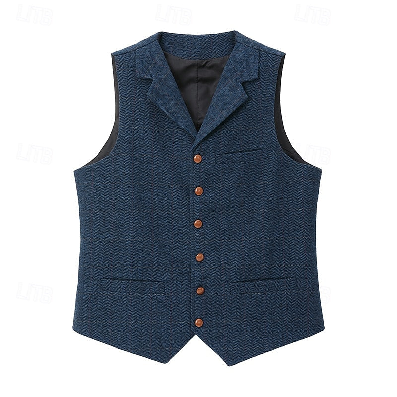 Men's Waistcoat Tweed Herringbone Navy Tailored Suit Vest – Wedding, Office, Formal, Gift