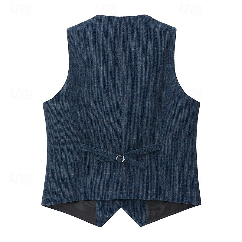 Men's Waistcoat Tweed Herringbone Navy Tailored Suit Vest – Wedding, Office, Formal, Gift