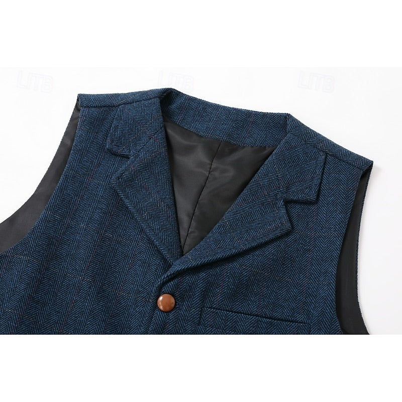 Men's Waistcoat Tweed Herringbone Navy Tailored Suit Vest – Wedding, Office, Formal, Gift