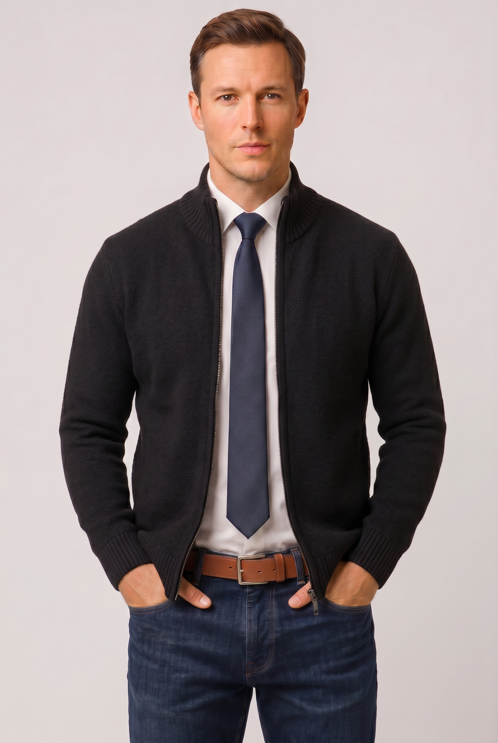 Men's Zip-Up Cardigan Knitted Beige Stand Collar – Casual, Office · Werune