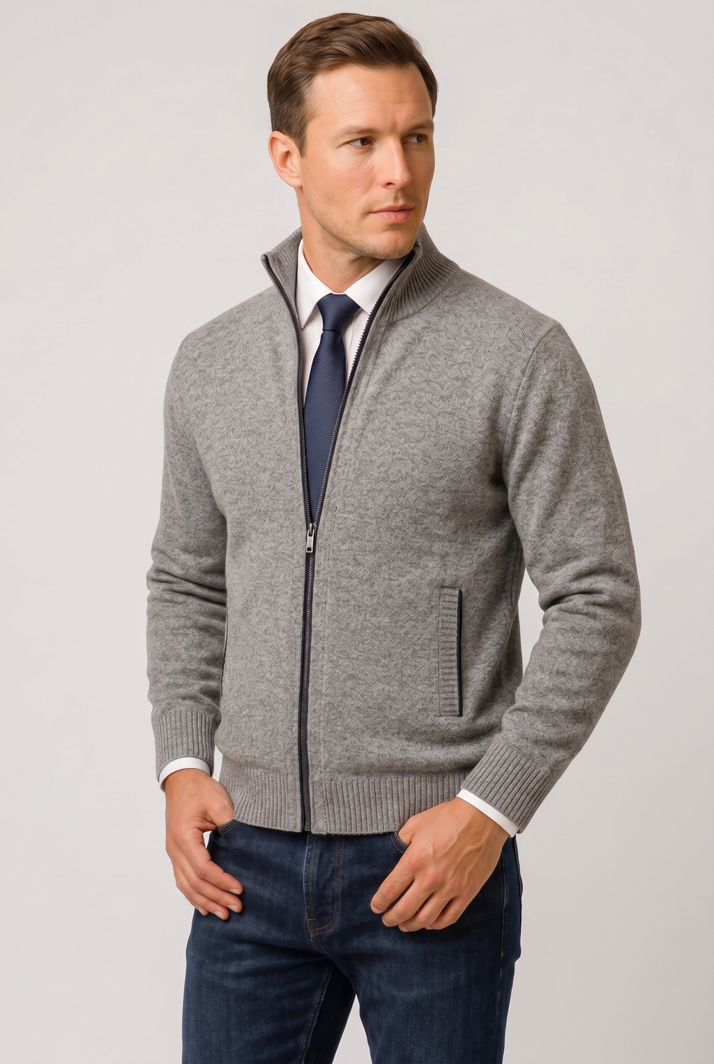 Men's Zip-Up Cardigan Knitted Beige Stand Collar – Casual, Office · Werune