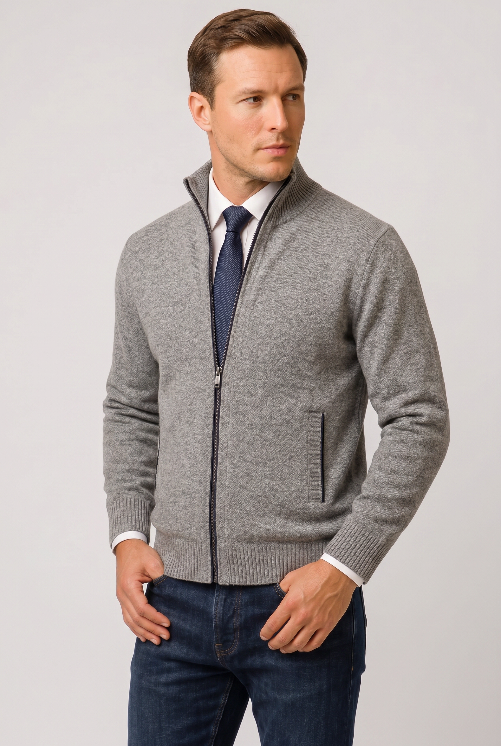 Men's Zip-Up Cardigan Knitted Beige Stand Collar – Casual, Office · Werune
