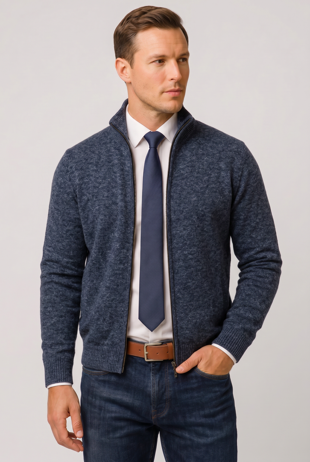 Men's Zip-Up Cardigan Knitted Beige Stand Collar – Casual, Office · Werune